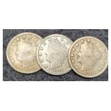 (3) V Nickels: 1911, 12-P&D