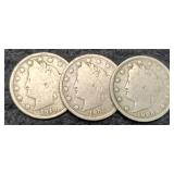 (3) V Nickels: 1908, 09, 10