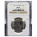 1989-D Slab Comm. Fifty Cent "Congress"