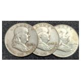 3 Franklin Half Dollars: 1948-D, 57-D, 60-D