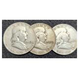 3 Franklin Half Dollars: 1950, 52-D, 54-D