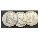 3 Franklin Half Dollars: 1949-S, 50-D, 51-D