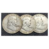 3 Franklin Half Dollars: 1949-D, 51-S, 53-D