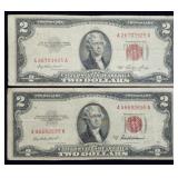 Pair of 1953 $2 Red Seal Banknotes