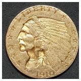 1910 $2.50 Indian Quarter Eagle Gold Coin Nice!