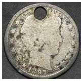1897 Barber Silver Quarter, Holed