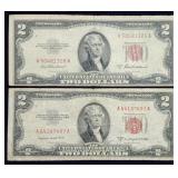 Pair of 1953 $2 Red Seal Banknotes