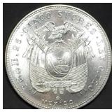1943 Ecuador 5 Sucres .720 Silver Dollar Coin BU