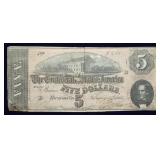 1864 $5 Confederate Currency Banknote, Split in 2.
