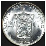 1944 Netherlands Curacao 2.5 Gulden Silver Dollar