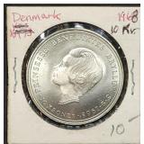 1968 Denmark 10 Kroner 80% Silver Coin Gem BU