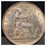 1890 Great Britain Queen Victoria Farthing BU Nice