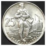 1954 Czechoslovakia 25 Korun .500 Silver Coin BU