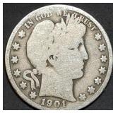 1901 Barber Silver Half Dollar