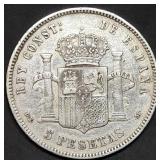 1878 Spain 5 Pesetas .900 Silver Coin