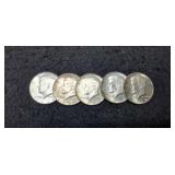 (5) 1964 Kennedy Half Dollars