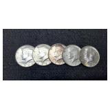 (5) 1964 Kennedy Half Dollars