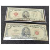 (2) $5 Red Seal Notes: 1928F, 1963