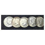 (5) 1964 Kennedy Half Dollars