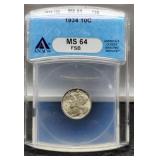 1934 Slab Mercury Dime ANACS MS64 w/ FSB
