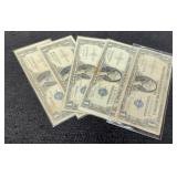 (5) 1935 $1 Silver Certificate Notes inc/ 1 Star
