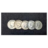 (5) 1964 Kennedy Half Dollars