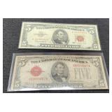 (2) $5 Red Seal Notes: 1928 E, 1963