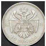 1931 Yugoslavia 20 Dinara Silver Coin 14g