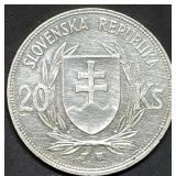 1941 Slovakia 20 Korun .500 Silver Coin 15g