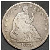 1875-S Seated Liberty Silver Half Dollar Nice