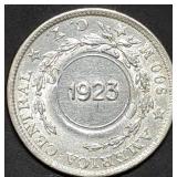 1923 Costa Rica Silver Colon 1902 Overstamped Coin