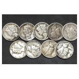 9 Mercury Silver Dimes incl. 1918-D, 1928 Nice