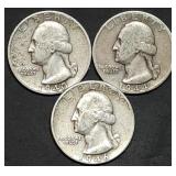 Three 1940s Washington Silver Quarters