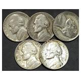 5 World War II Silver Nickels