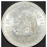 1948 Mexico 5 Pesos Silver Dollar 90% Silver BU