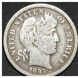 1893-S Barber Silver Dime, Better Date, Nice