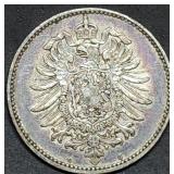1874 G Germany 1 Mark 90% Silver Coin Toned