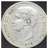 1876 Spain 5 Pesetas .900 Silver Coin