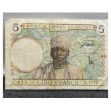 1939 French West Africa 5 Francs Banknote