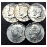(5) Unc. 1964 Kennedy Half Dollars