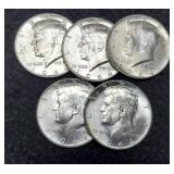 (5) Unc. 1964 Kennedy Half Dollars