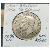 1940 G. Britain Silver 1/2 Crown 50%/.2273 ASW