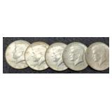 (5) 1964 Kennedy Half Dollars
