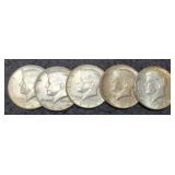 (5) 1964 Kennedy Half Dollars