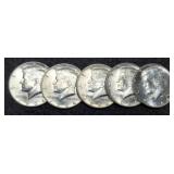 (5) Unc. 1964 Kennedy Half Dollars