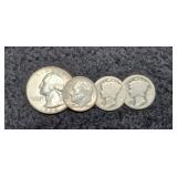 Lot w/ 1964 Silver Quarter & 3 Silver Dimes