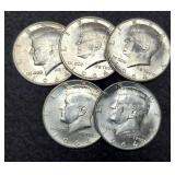 (5) Unc. 1964 Kennedy Half Dollars