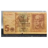 1942 German 5 Mark WW2 Banknote