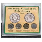 Display Of 4 American Nickels Of The 20th Century