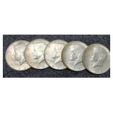 (5) 1964 Kennedy Half Dollars